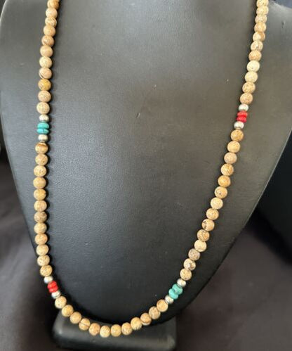 Navajo Turquoise Coral Picture Jasper Necklace | Sterling Silver | 24" | Authentic Native American Handmade | 17607