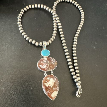 Navajo Wild Horse Blue Kingman Turquoise Necklace | Sterling Silver | 17321