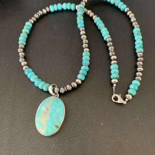 Navajo Pearls Necklace with Blue Kingman Turquoise Pendant | Sterling Silver | 11863