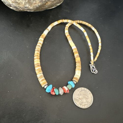 Authentic Native American Santo Domingo Shell Red Coral Blue Turquoise Onyx Necklace | 18" | 16946