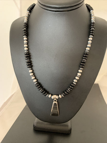 Navajo Black Onyx Bead Inlay Pendant Necklace | Sterling Silver | Native American Handmade | 01939