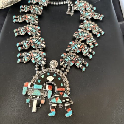 XXL Turquoise Onyx Kokopelli Inlay Squash Blossom Necklace | Sterling Silver | 16177 - Masha USA
