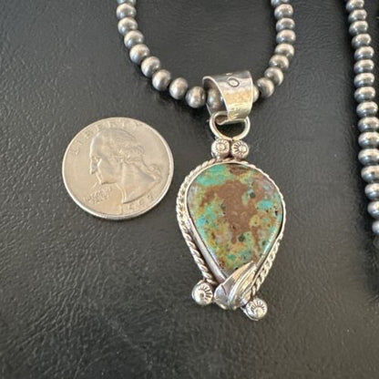 Navajo Blue Turquoise Pendant Necklace | Sterling Silver Pearls | Authentic Native American Handmade | 15654