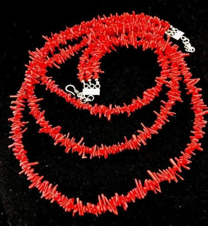 Navajo Deep Sea Branch Coral Necklace | 3 Strands | Sterling Silver | Authentic Native American Handmade | 05000