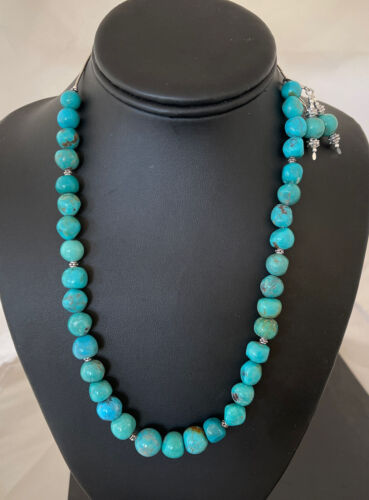 Navajo Blue Turquoise Earrings & Necklace Set | Sterling Silver | 20" | Authentic Native American Handmade | 01234