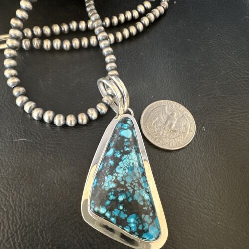 Men's Blue Spiderweb Turquoise Pendant Necklace | Navajo Sterling Silver | Authentic Native American Handmade | 14970