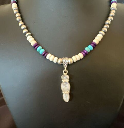 Navajo White Mother of Pearl, Turquoise, Sugilite Pendant Necklace | Sterling Silver | 16929