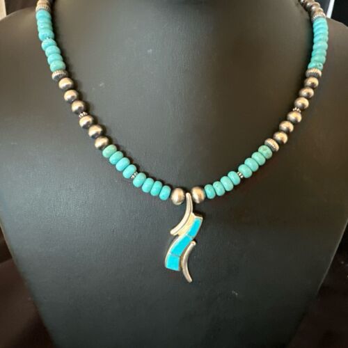 Navajo Blue Kingman Turquoise Inlay Pendant Necklace | Sterling Silver | 21" | Authentic Native American Handmade | 16931