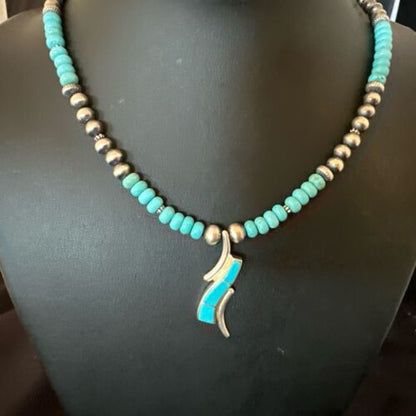 Navajo Blue Kingman Turquoise Inlay Pendant Necklace | Sterling Silver | 21" | Authentic Native American Handmade | 16931