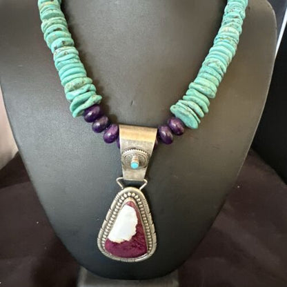 Navajo XL Turquoise Purple Spiny Oyster Pendant Necklace | Sterling Silver | Authentic Native American Handmade | 25" | 17464