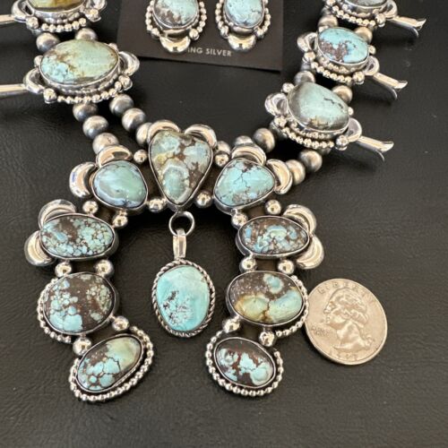 Navajo Blue Golden Hills Turquoise Squash Blossom Necklace & Earrings | Sterling Silver | 17211