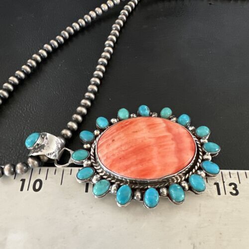 Navajo Kingman Turquoise & Red Spiny Oyster Pendant Necklace | Sterling Silver | 16014