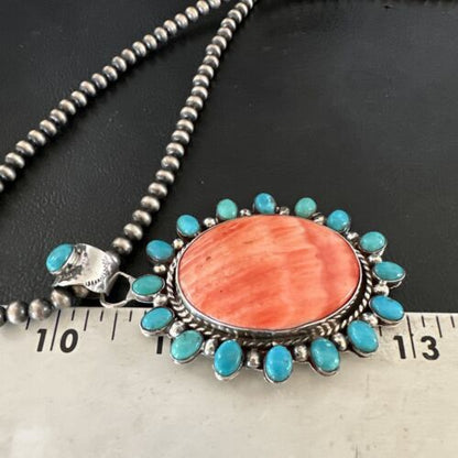 Navajo Kingman Turquoise & Red Spiny Oyster Pendant Necklace | Sterling Silver | 16014