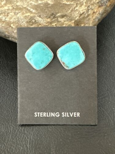 Navajo Blue Kingman Turquoise Post Stud Earrings | Sterling Silver | Authentic Native American Handmade | 17409