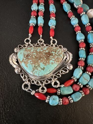 Navajo Blue Turquoise 3-Strand Coral Pendant Necklace | Sterling Silver | Authentic Native American Handmade | 15516
