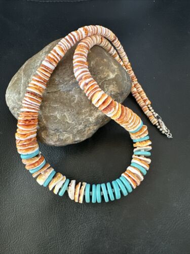 Navajo Sterling Silver Blue Turquoise & Spiny Oyster Graduated Necklace | Authentic Native American | 23" | 16902