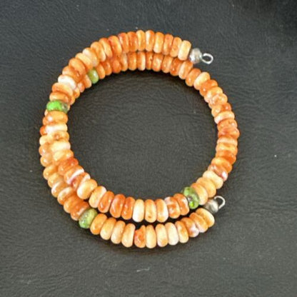 Navajo Orange Spiny Oyster & Green Turquoise Bracelet | 6mm Memory Wire | Authentic Native American Handmade | 17622