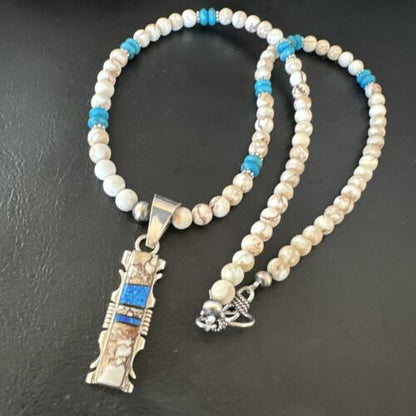 Wild Horse Blue Turquoise Pendant | Navajo Pearls | Sterling Silver Necklace 21" | Native American | 15667