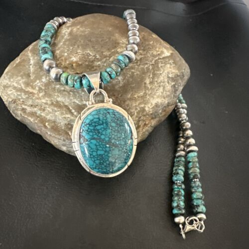 Men's Blue Spiderweb Turquoise Pendant Necklace | Navajo Sterling Silver | Authentic Native American Handmade | 17082