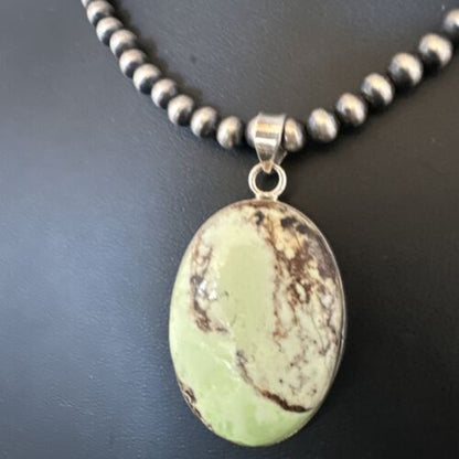 Navajo Green Gaspeite Pendant Necklace | Sterling Silver | Authentic Native American Handmade | 15489