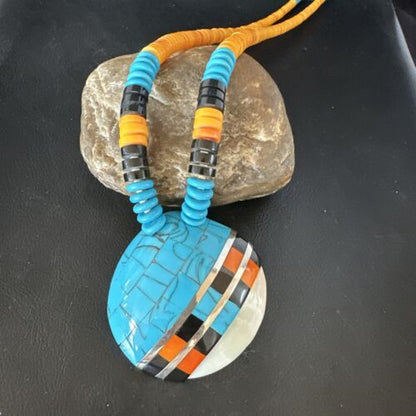 Santo Domingo Shell Turquoise Spiny Inlay Necklace | Sterling Silver | 22" | Authentic Native American Handmade | 15321