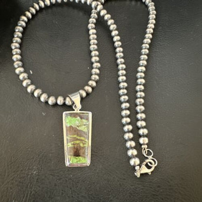 Navajo Green Gaspeite Pendant Necklace | Sterling Silver | Authentic Native American Handmade | 16361