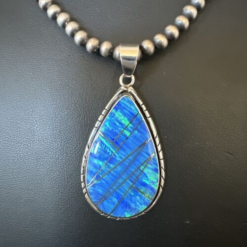 Men's and Women's Blue Fire Opal Inlay Pendant | Navajo Sterling Silver | Authentic Native American Handmade | 16481