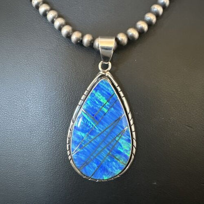 Men's and Women's Blue Fire Opal Inlay Pendant | Navajo Sterling Silver | Authentic Native American Handmade | 16481