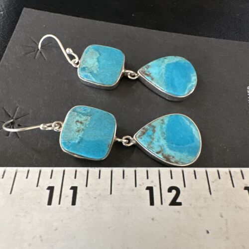 Navajo Blue Kingman Turquoise Dangle Earrings | Sterling Silver | Authentic Native American Handmade | 15105