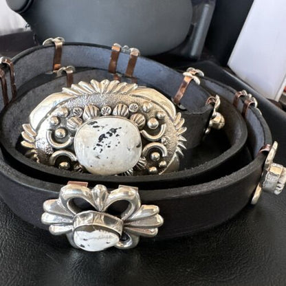 Navajo White Buffalo Turquoise Concho Belt | Sterling Silver | 50" Buckles | Authentic Native American Handmade | 15527