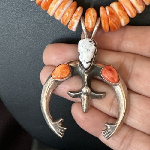 Navajo White Buffalo Turquoise Spiny Naja Pendant Necklace | Sterling Silver | 23" | 15027 - Masha USA