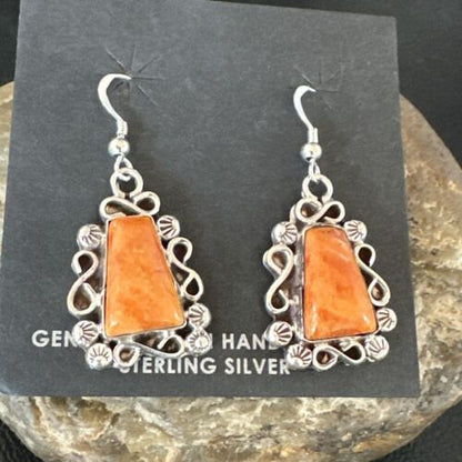 Navajo Orange Spiny Oyster Dangle Earrings | Sterling Silver | Authentic Native American Handmade | 17266