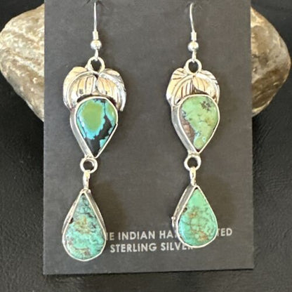 Navajo Green Royston Turquoise Dangle Earrings | Sterling Silver | Authentic Native American Handmade | 16451