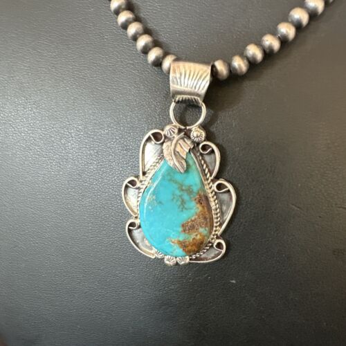 Men's Blue Kingman Turquoise Pendant Necklace | Navajo Pearls | Sterling Silver | 16022