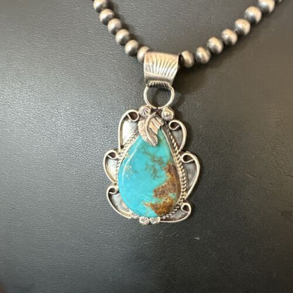 Men's Blue Kingman Turquoise Pendant Necklace | Navajo Pearls | Sterling Silver | 16022