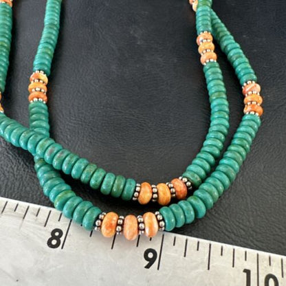 Navajo Green Turquoise Spiny Oyster Necklace | Sterling Silver | 21" | Authentic Native American Handmade | 10123