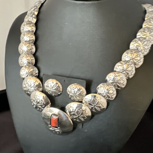 Navajo Red Coral Graduated Necklace | Sterling Silver Pillow Stamped | 18" | Authentic Native American Handmade | 15129