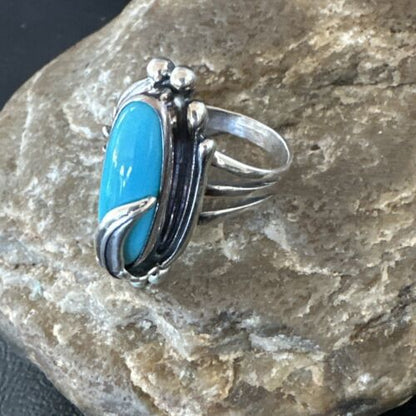 Navajo Leaf Blue Kingman Turquoise Ring | Sterling Silver | Sz 10.5 | Authentic Native American Handmade | 17136