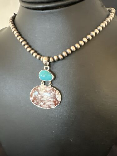 Navajo Wild Horse Blue Kingman Turquoise Necklace | Sterling Silver | Authentic Native American Handmade | 17308