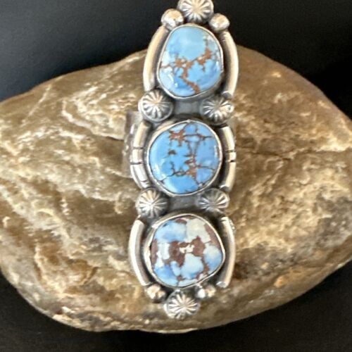 Blue Golden Hills Turquoise 3 Stone Navajo Sterling Silver Ring Size 9.5 16287