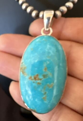 Blue Kingman Turquoise Pendant | Navajo Pearls | Sterling Silver Necklace 20" | 16991