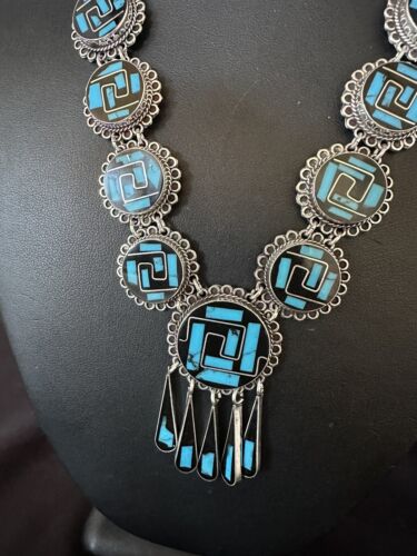 Navajo Sterling Silver Turquoise Onyx Choker Necklace | Inlay Pendant | 18" | 15535