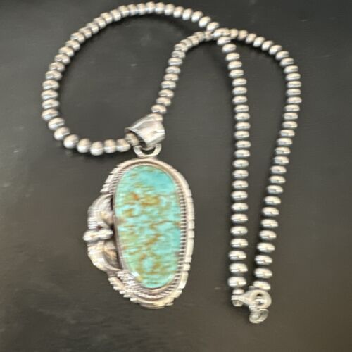 Navajo Blue Turquoise #8 Pendant Necklace | Sterling Silver Pearls | Authentic Native American Handmade | 15905