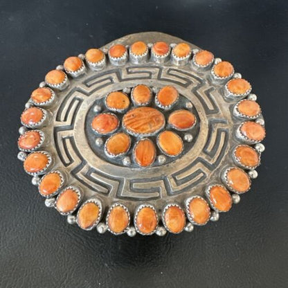Navajo Orange Spiny Oyster Cluster Concho Belt Buckle | Sterling Silver | Authentic Native American Handmade | 16344