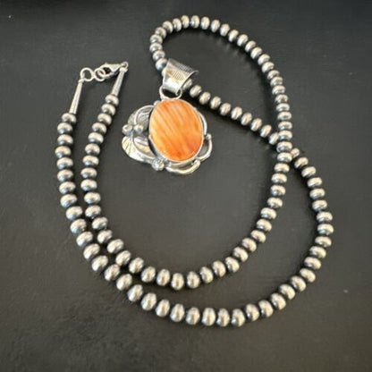 Navajo Orange Spiny Oyster Pendant Necklace | Sterling Silver | Authentic Native American Handmade | 15629
