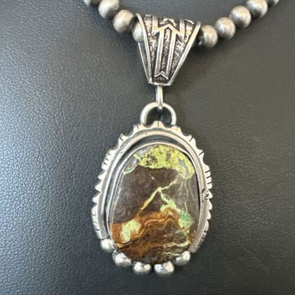 Navajo Green Gaspeite Pendant Necklace | Sterling Silver | Authentic Native American Handmade | 17424