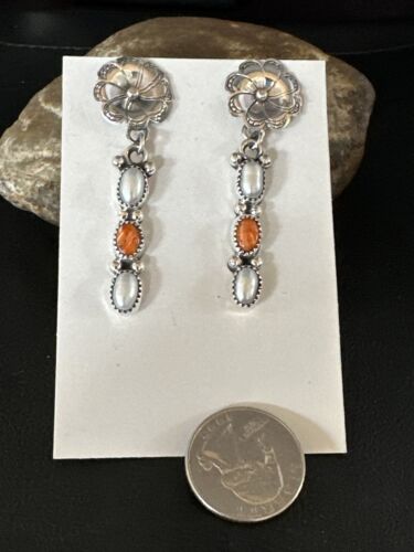 Navajo Orange Spiny Oyster Dangle Earrings | Sterling Silver Pearls | Authentic Native American Handmade | 15328