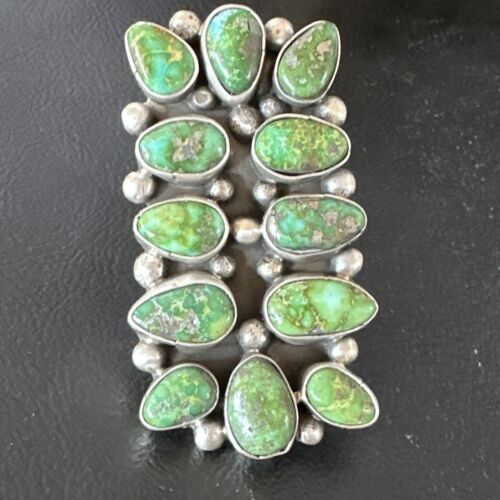 Navajo Green Sonoran Gold Turquoise Cluster Ring |Authentic Native American Sterling Silver | Multi-Stone | Sz 9 | 16028