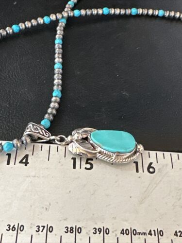Navajo Pearls Kingman Turquoise Pendant Necklace | Sterling Silver | Authentic Native American Handmade | 14894