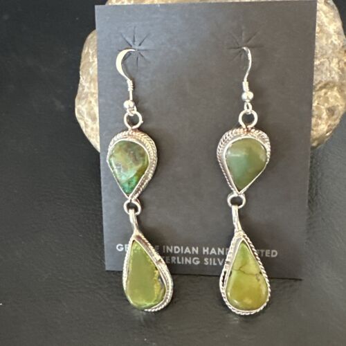 Navajo Green Royston Turquoise Dangle Earrings | Sterling Silver | Authentic Native American Handmade | 16490 - Masha USA